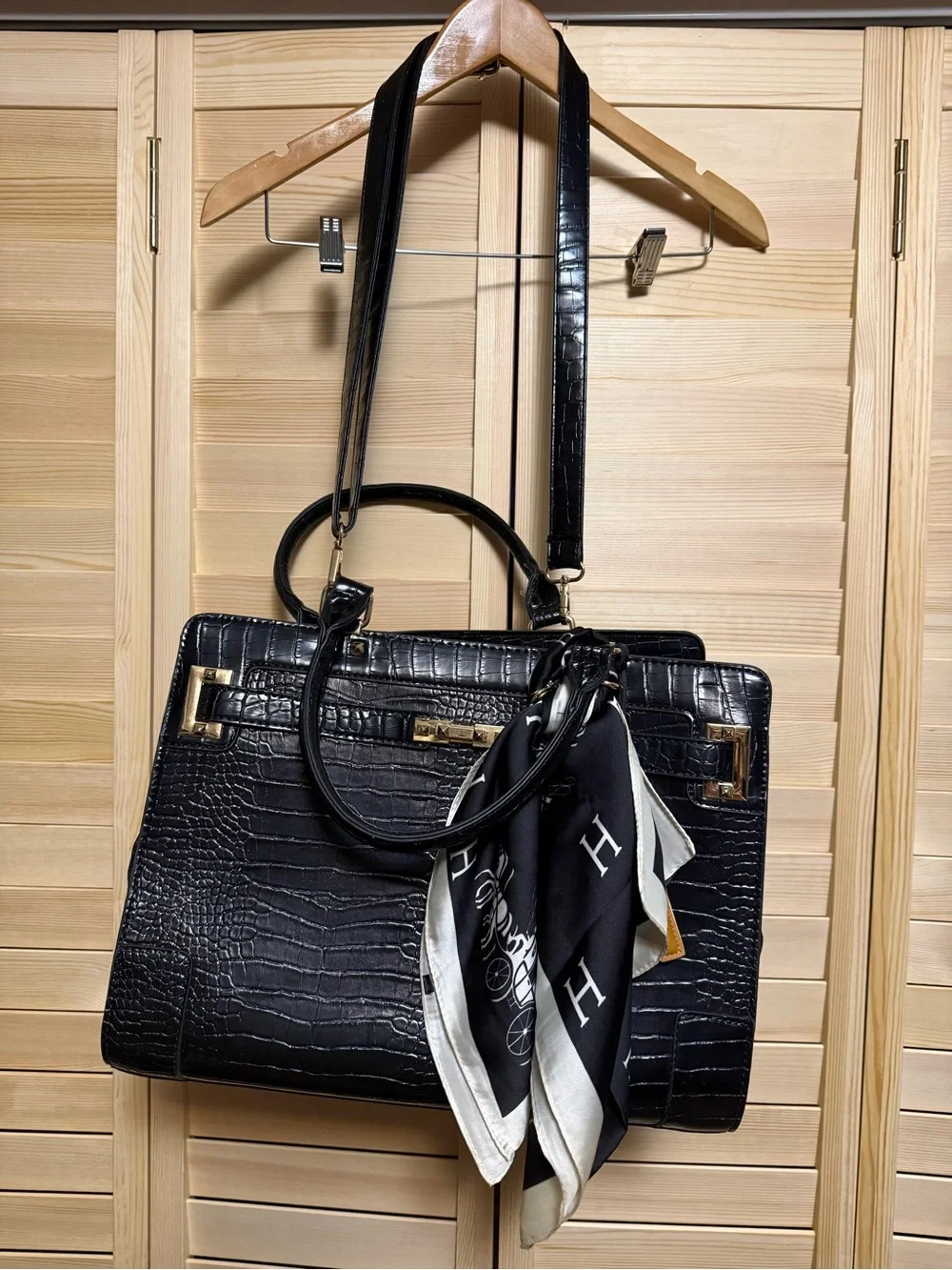 Black Croc-Embossed Pet Purse with Scarf Accent